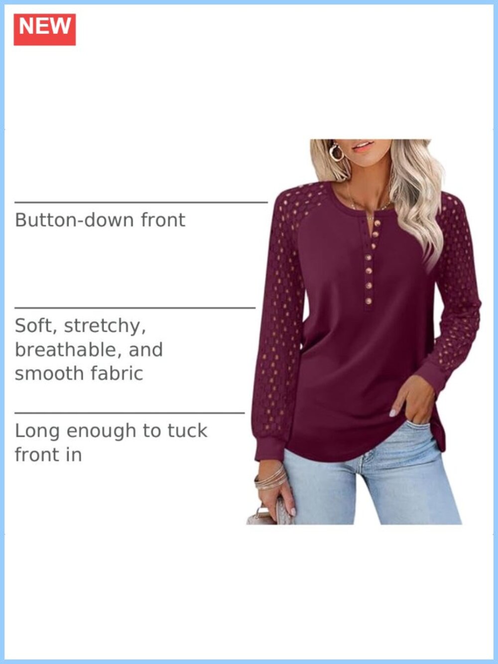 Minetom Womens Lace Long Sleeve Henley Shirt Casual Blouse Soft Stretchy - Picture 3 of 6